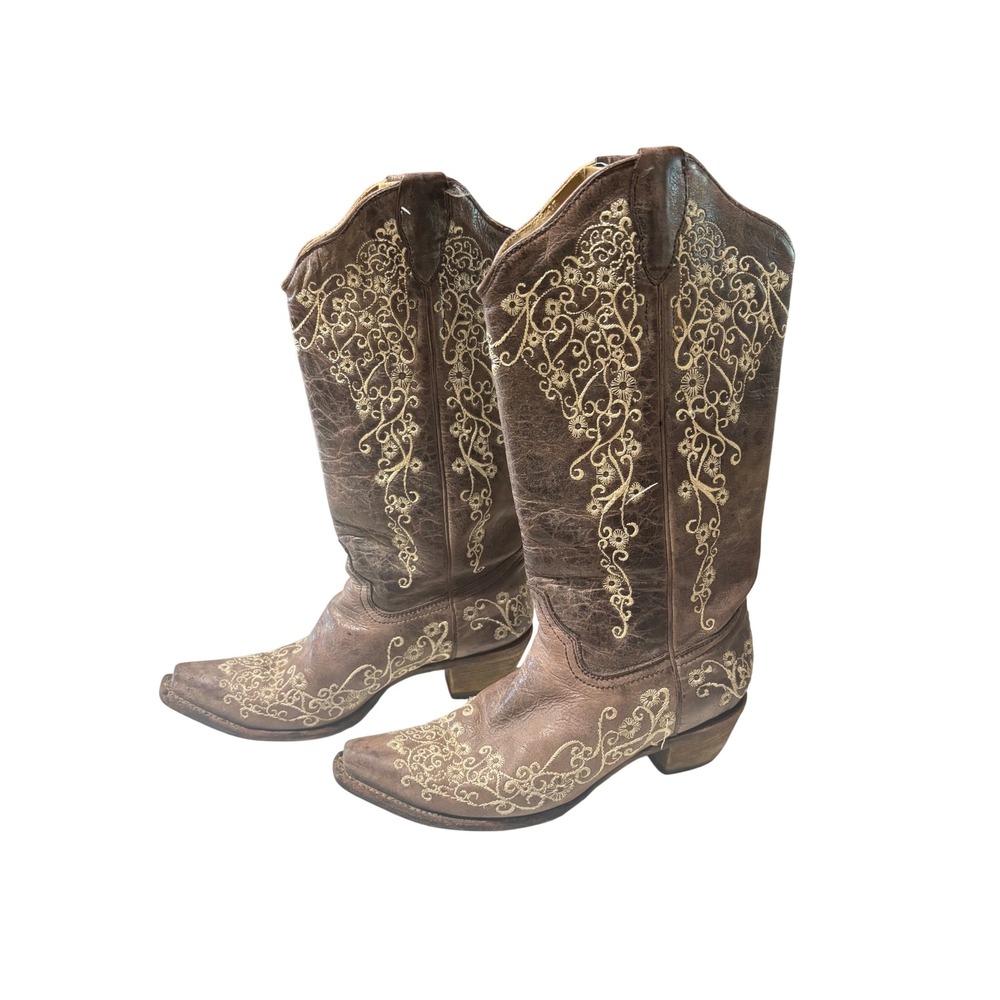 Corral Womens Brown Floral Embroidered Leather Snip Toe Western Cowboy Boots